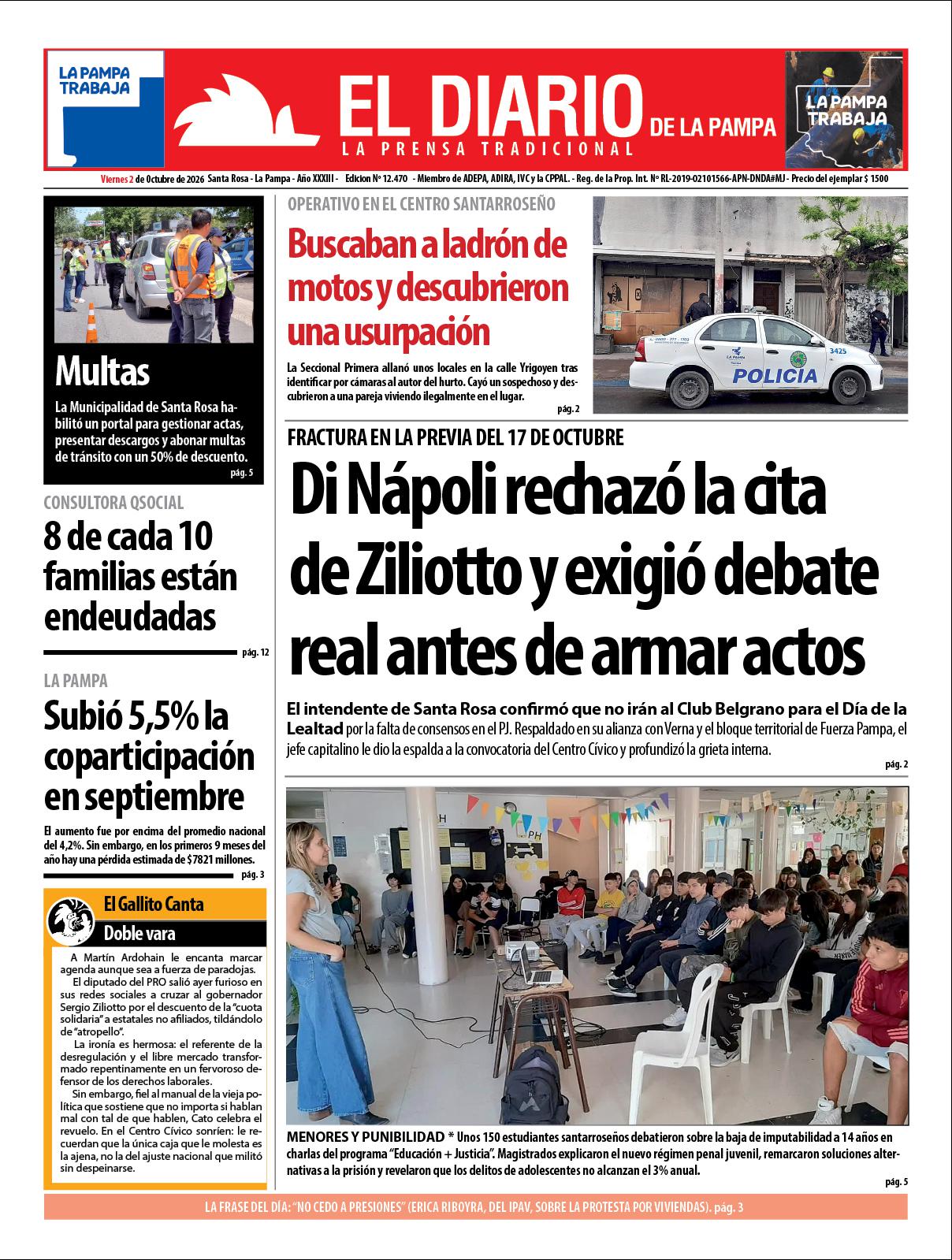 Tapa de El Diario en papel  viernes 02 de octubre de 2026